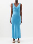 Asceno - Bordeaux V-neck Silk-crepe De Chine Slip Dress - Womens - Light Blue