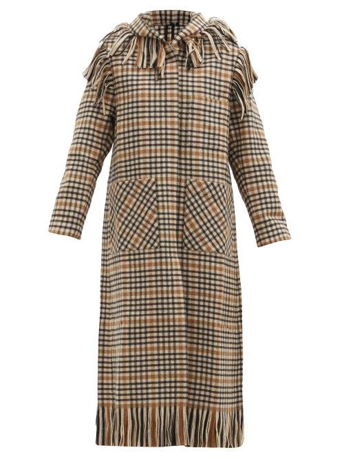 Matchesfashion.com Sara Lanzi - Fringed Checked Wool-blend Hooded Coat - Womens - Black Cream