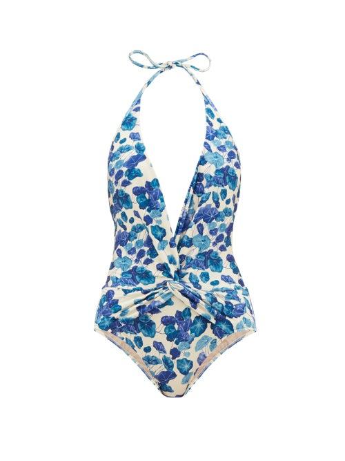 Matchesfashion.com Adriana Degreas - Halterneck Lotus-print Swimsuit - Womens - Blue Print