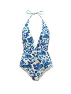 Matchesfashion.com Adriana Degreas - Halterneck Lotus-print Swimsuit - Womens - Blue Print