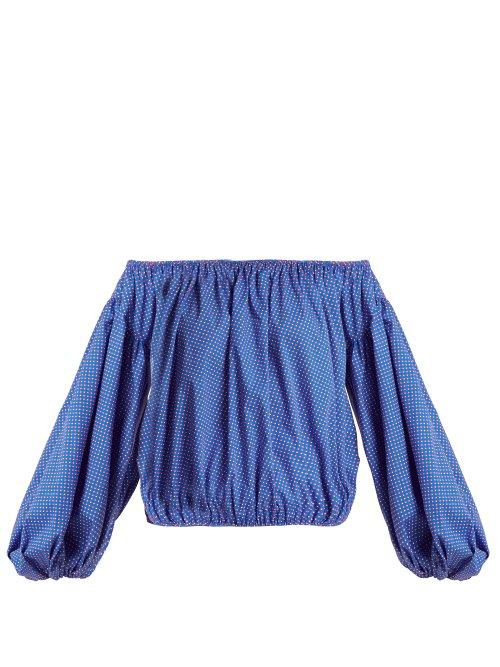 Matchesfashion.com Caroline Constas - Andros Off The Shoulder Cotton Top - Womens - Blue