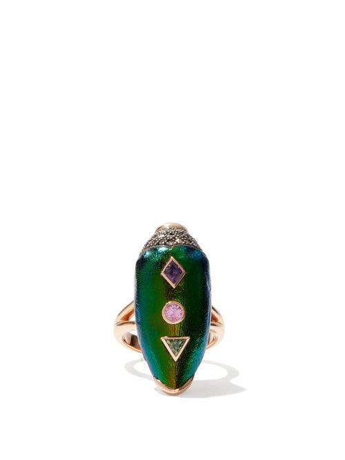 Matchesfashion.com Bibi Van Der Velden - Scarab Pop Art Diamond, Gold & Silver Ring - Womens - Green Multi