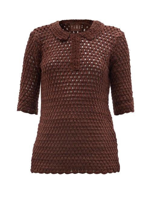 Ladies Beachwear Albus Lumen - Crotcheted Cotton Polo Shirt - Womens - Brown