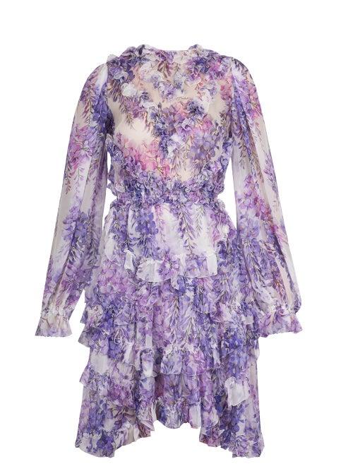 Dolce & Gabbana - Ruffled Floral-print Chiffon Mini Dress - Womens - Purple Multi
