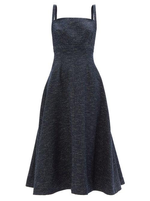 Ladies Rtw Emilia Wickstead - Freya Square-neck Speckled-denim Midi Dress - Womens - Dark Blue
