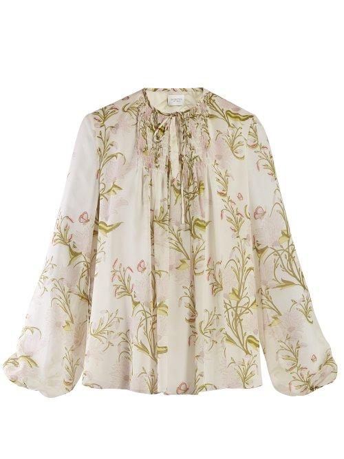Matchesfashion.com Giambattista Valli - Floral Print Smocked Blouse - Womens - White Multi