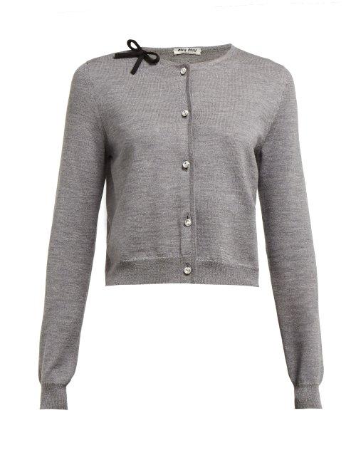 Matchesfashion.com Miu Miu - Bow And Crystal Embellished Wool Cardigan - Womens - Dark Grey