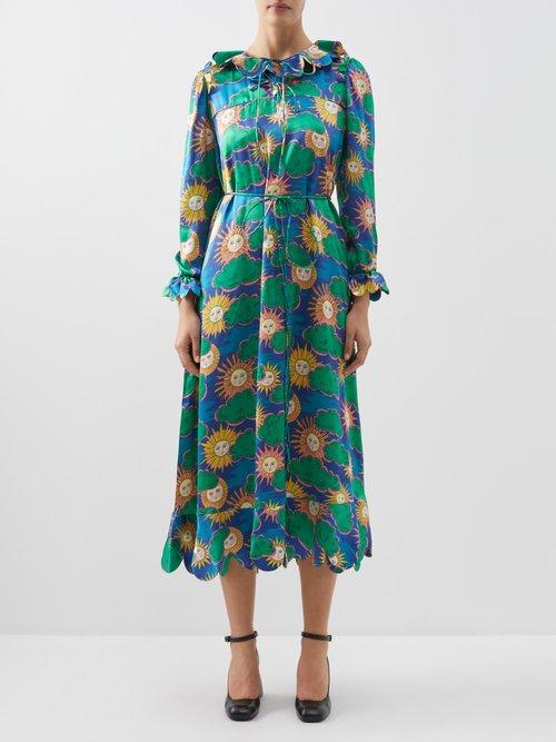 Horror Vacui - Cleo Scalloped-collar Sun-print Silk Dress - Womens - Multi