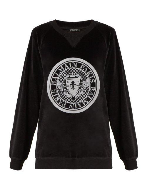 Matchesfashion.com Balmain - Printed Crest Cotton Velvet Sweatshirt - Womens - Black White