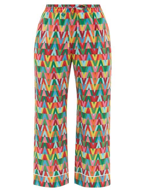 Valentino - Optical V-print Crepe De Chine Trousers - Womens - Multi