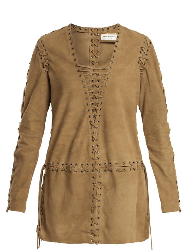 Saint Laurent Lace-up Panelled Suede Dress