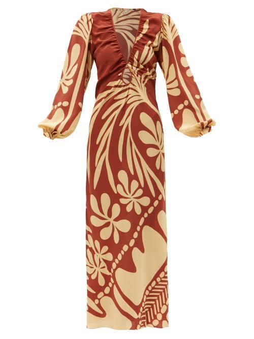 Johanna Ortiz - Spirit Of The Era Printed Silk Dress - Womens - Brown Multi
