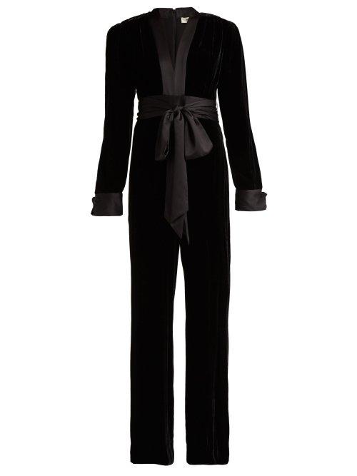 Matchesfashion.com Diane Von Furstenberg - Sash Satin Trimmed Velvet Jumpsuit - Womens - Black
