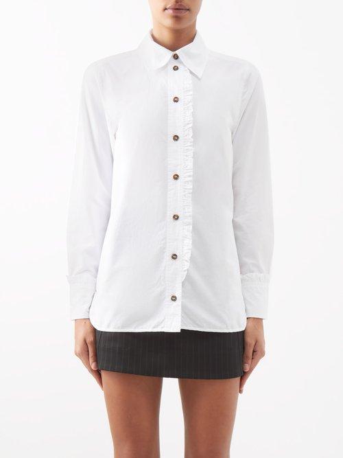Ganni - Ruffle-trim Organic Cotton-poplin Shirt - Womens - Optical White