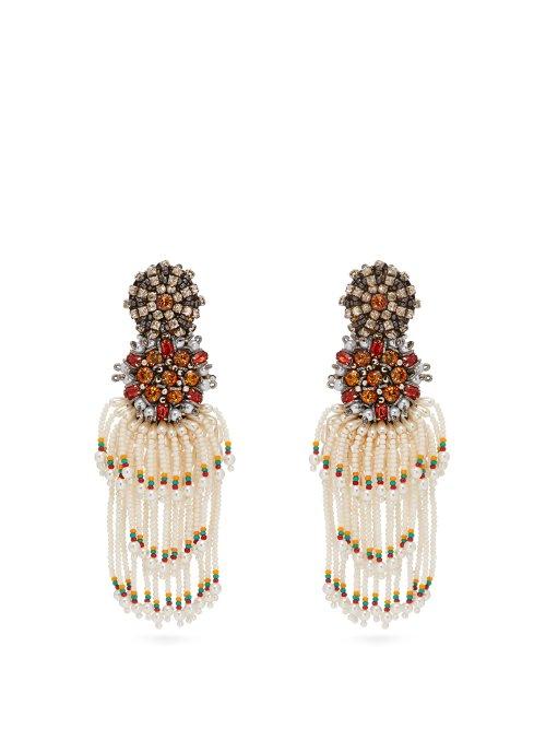 Matchesfashion.com Etro - Crystal And Bead Tassel Clip Earrings - Womens - Pearl