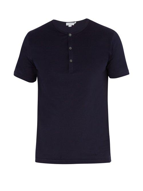 Matchesfashion.com Sunspel - Henley Short Sleeved Cotton T Shirt - Mens - Navy