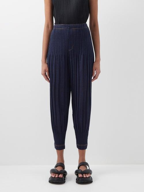 Pleats Please Issey Miyake - Ramie Denim Technical-pleated Trousers - Womens - Indigo