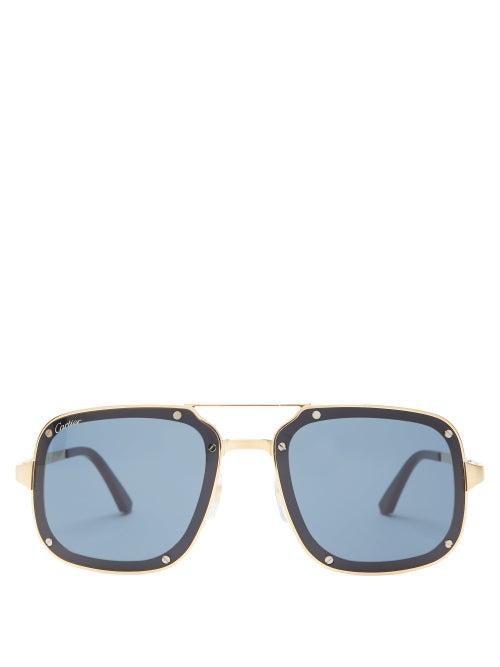 Matchesfashion.com Cartier Eyewear - Santos De Cartier Aviator Brushed Metal Sunglasses - Mens - Gold