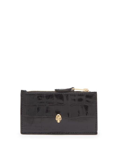 Matchesfashion.com Alexander Mcqueen - Skull Crocodile-effect Leather Cardholder - Womens - Black