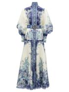 Matchesfashion.com Zimmermann - Glassy Billow Peplum-panel Silk-twill Maxi Dress - Womens - Blue Print
