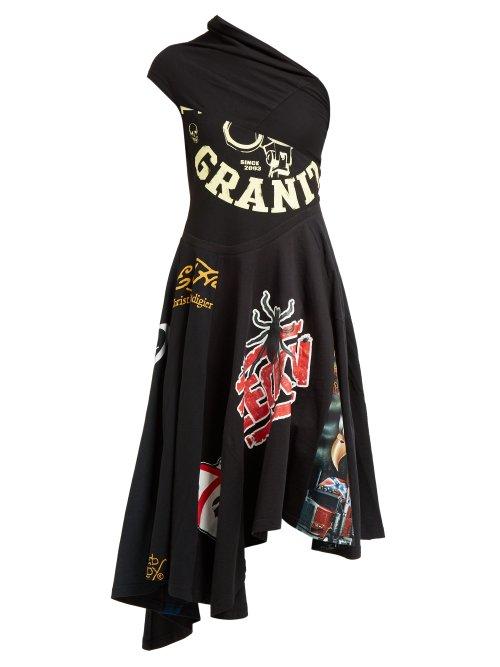 Matchesfashion.com Marine Serre - Patchworked One Shoulder Cotton Jersey Dress - Womens - Black