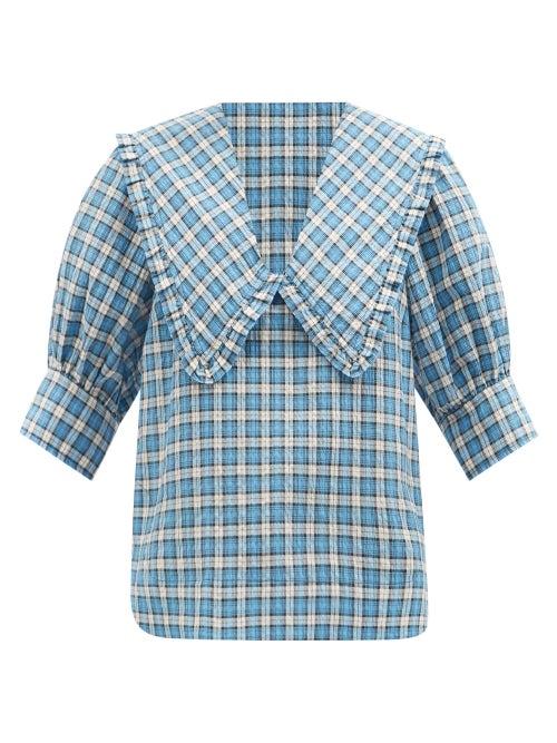 Ganni - Chelsea-collar Checked-seersucker Blouse - Womens - Blue Multi