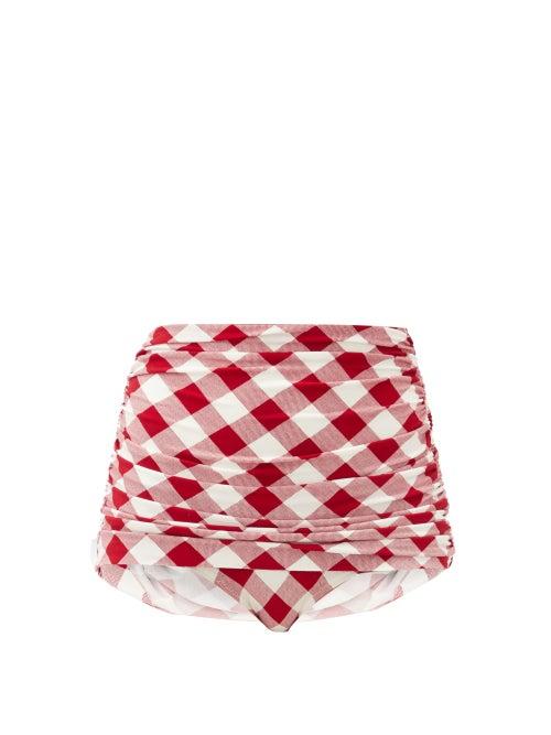 Matchesfashion.com Norma Kamali - Bill Ruched Gingham High-rise Bikini Briefs - Womens - Red White