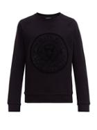 Matchesfashion.com Balmain - Flocked Laser Cut Coat Of Arms Cotton Sweatshirt - Mens - Black