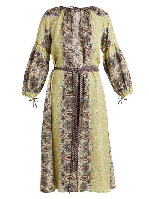Matchesfashion.com D'ascoli - Misha Floral Print Balloon Sleeve Silk Dress - Womens - Green Print