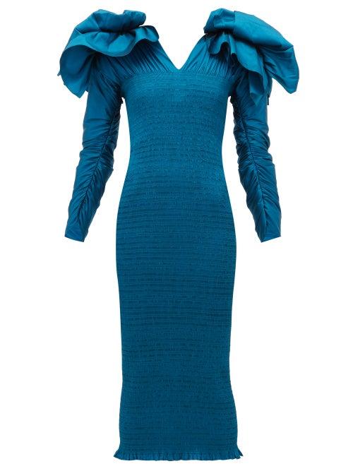 Matchesfashion.com Emilio De La Morena - Bow Embellished V Neck Smocked Midi Dress - Womens - Mid Blue
