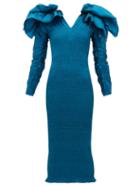 Matchesfashion.com Emilio De La Morena - Bow Embellished V Neck Smocked Midi Dress - Womens - Mid Blue