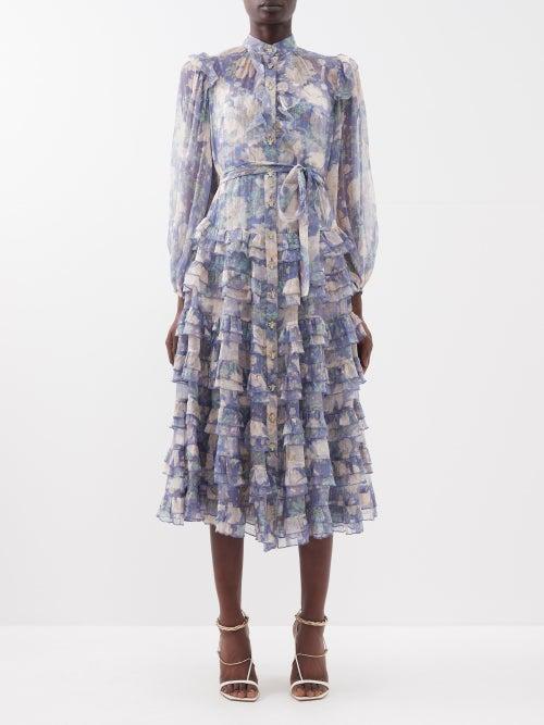 Zimmermann - Cosmic Ruffled Silk-blend Voile Midi Dress - Womens - Blue Multi
