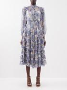 Zimmermann - Cosmic Ruffled Silk-blend Voile Midi Dress - Womens - Blue Multi