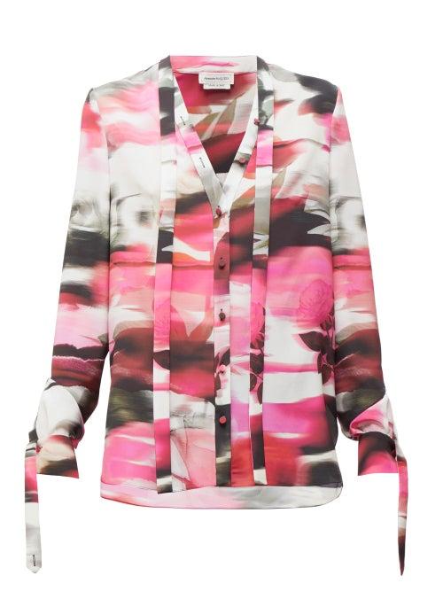 Matchesfashion.com Alexander Mcqueen - Printed Crepe Pussybow Blouse - Womens - Pink Print