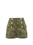 Matchesfashion.com Balmain - High Rise Camouflage Cotton Bend Shorts - Womens - Khaki