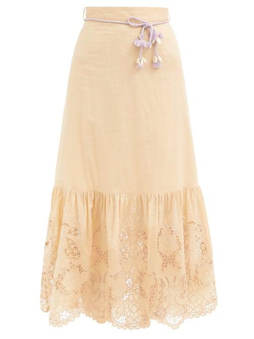 Matchesfashion.com Zimmermann - Brighton Belted Broderie-anglaise Cotton Skirt - Womens - Beige