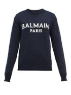 Mens Rtw Balmain - Logo-intarsia Merino-wool Sweater - Mens - Navy