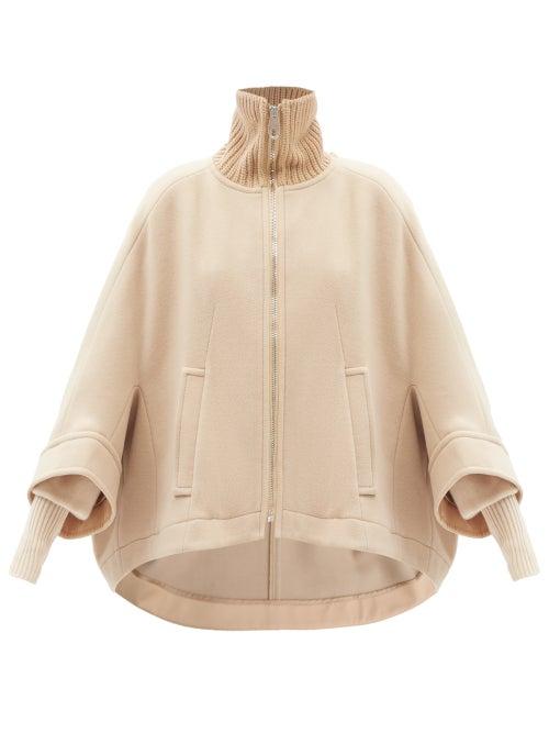 Chlo - High-neck Wool-blend Cape Coat - Womens - Beige