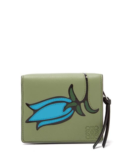 Loewe - Floral-appliqu Leather Wallet - Womens - Green Multi