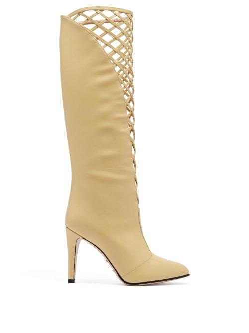 Matchesfashion.com Gucci - Lattice Front Knee High Leather Boots - Womens - Cream