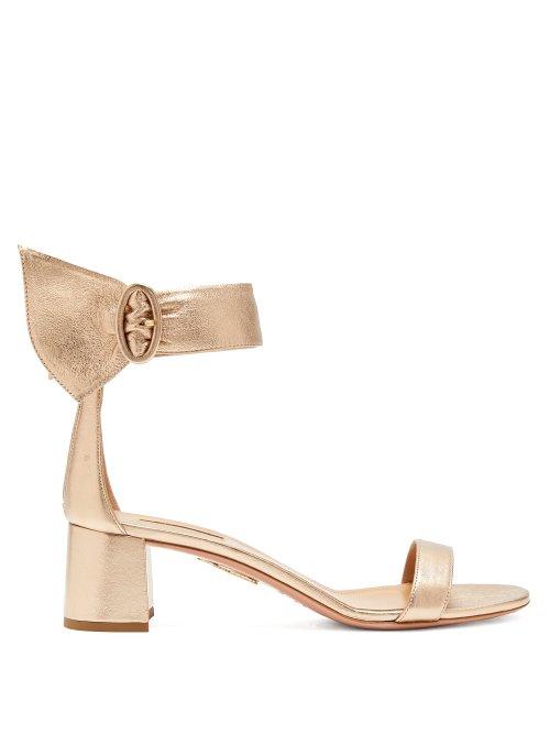 Matchesfashion.com Aquazzura - Palace 50 Block Heel Metallic Leather Sandals - Womens - Gold