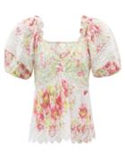 Ladies Beachwear Loveshackfancy - Prezia Puff-sleeve Floral-print Cotton Blouse - Womens - Pink Multi