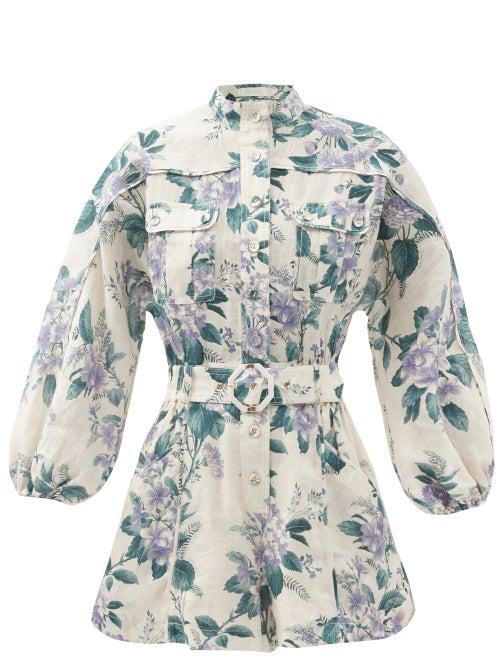 Matchesfashion.com Zimmermann - Cassia Floral-print Belted Linen Playsuit - Womens - Blue Print