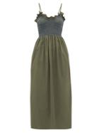 Matchesfashion.com Loretta Caponi - Bianca Shirred-bodice Embroidered Cotton Dress - Womens - Khaki Multi