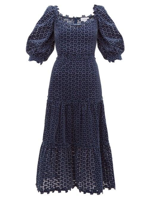 Matchesfashion.com Luisa Beccaria - Embroidered Broderie Anglaise Velvet Dress - Womens - Navy