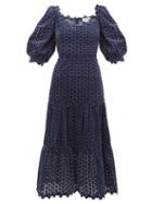 Matchesfashion.com Luisa Beccaria - Embroidered Broderie Anglaise Velvet Dress - Womens - Navy
