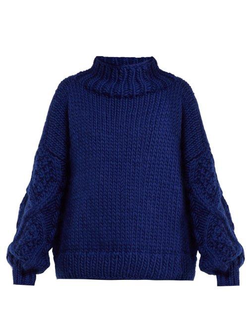 Matchesfashion.com I Love Mr Mittens - Cable Knit Sleeve Wool Sweater - Womens - Dark Blue