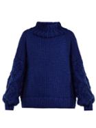 Matchesfashion.com I Love Mr Mittens - Cable Knit Sleeve Wool Sweater - Womens - Dark Blue