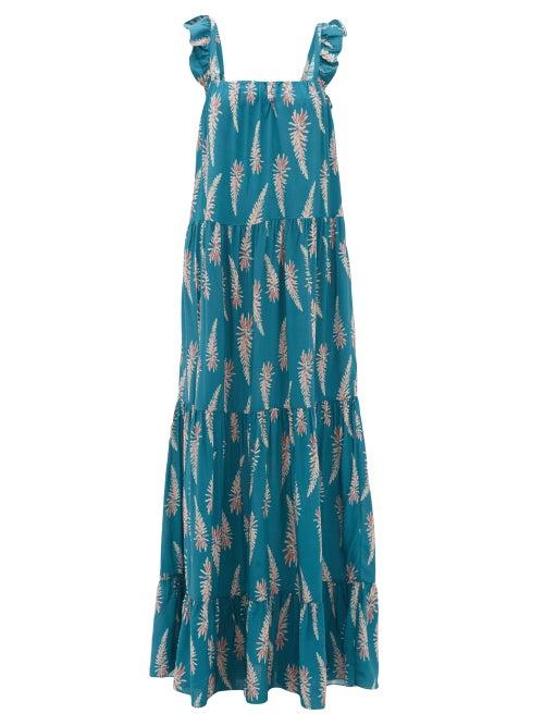 Matchesfashion.com Adriana Degreas - Aloe Print Square Neckline Twill Dress - Womens - Blue Print