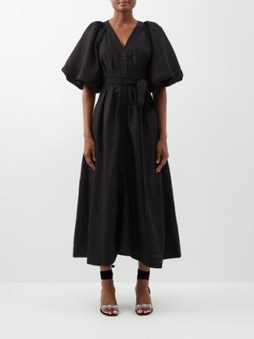 Aje - Evermore Puff-sleeve Linen-blend Midi Dress - Womens - Black